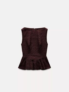 Zara Sleeveless Jacquard Peplum Top in dark brown